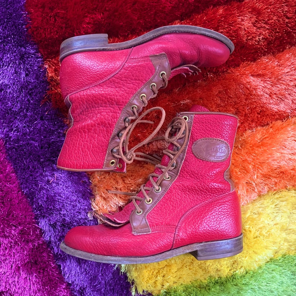 JUSTIN RED LEATHER KILTIE ROPER BOOTS SIZE 5 B PEBBLED LEATHER WESTERN COWGIRL